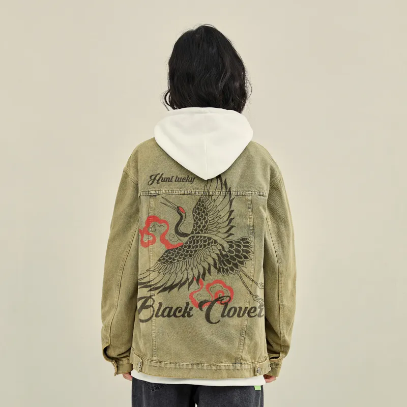 BLACK CLOVER Crane Print Unisex Denim Jacket-6