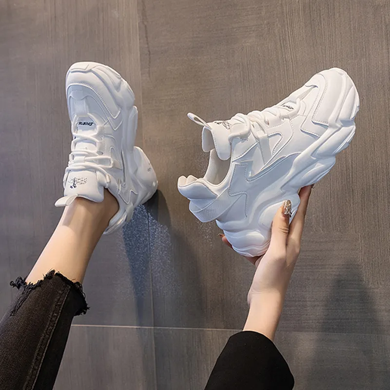 Ruomini Anti Slip And Wear Resistant Height Increasing Low Top Chunky Sneakers Women's White-1