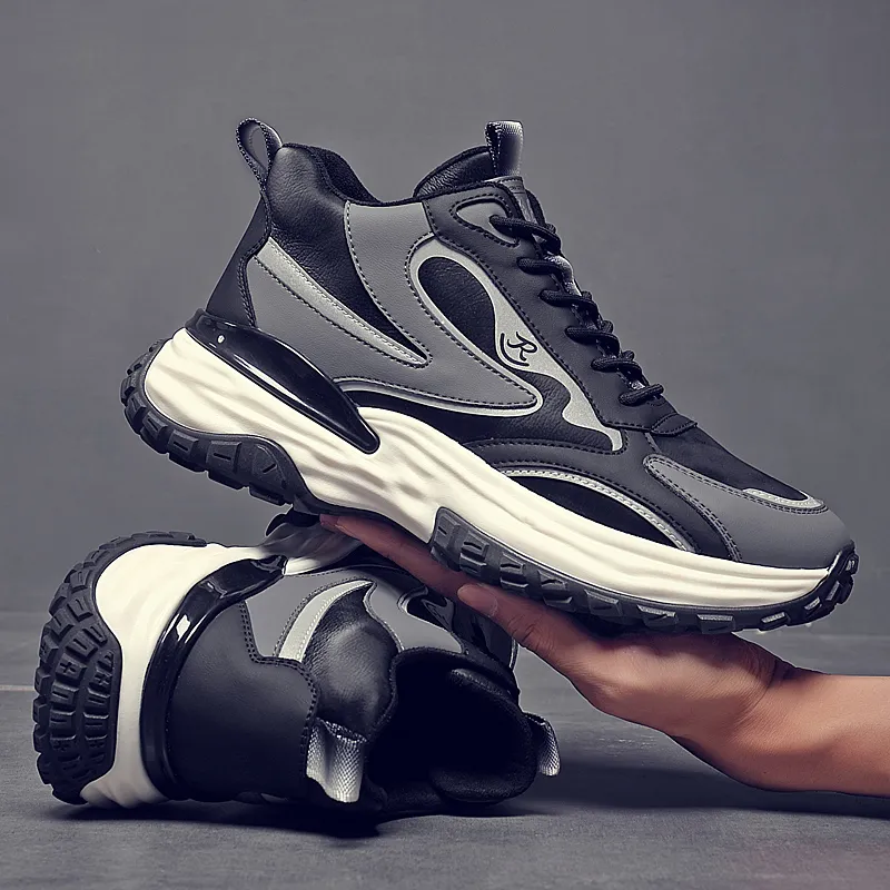 Ruomini Anti Slip Wear Resistant Mid Top Chunky Sneakers Men's Black-3