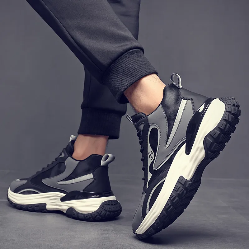 Ruomini Anti Slip Wear Resistant Mid Top Chunky Sneakers Men's Black-5