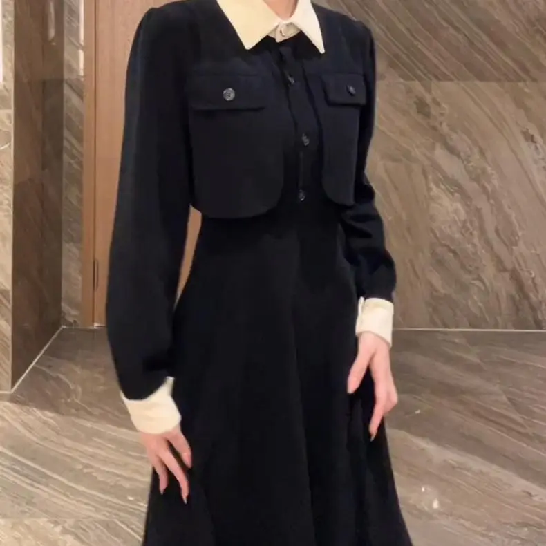 XUANSHU Long Sleeved Dresses Women's Black-2