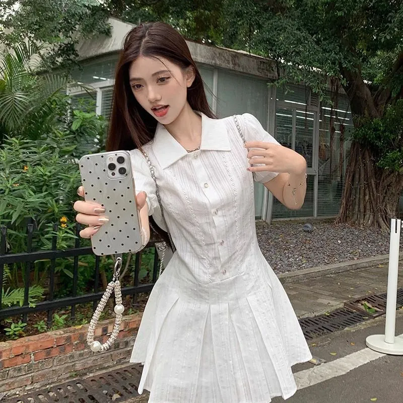 XUANSHU Short Sleeved Dress Women's White-4
