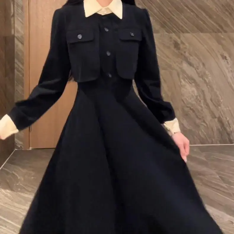 XUANSHU Long Sleeved Dresses Women's Black-5