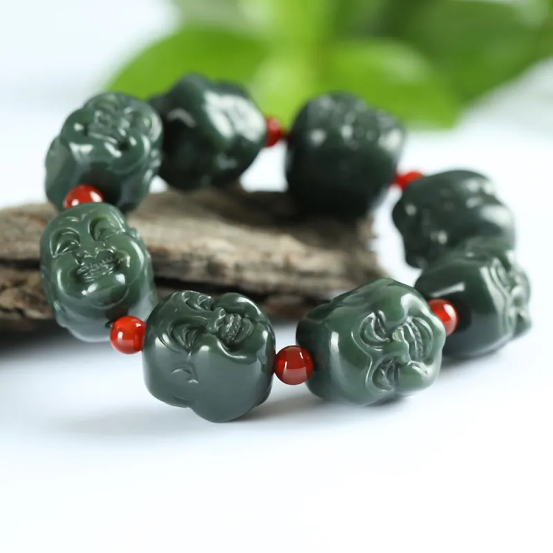 Renyu Jewelry New Chinese Style Maitreya Buddha # Good Luck Beaded Bracelet Green Jade Unisex-10