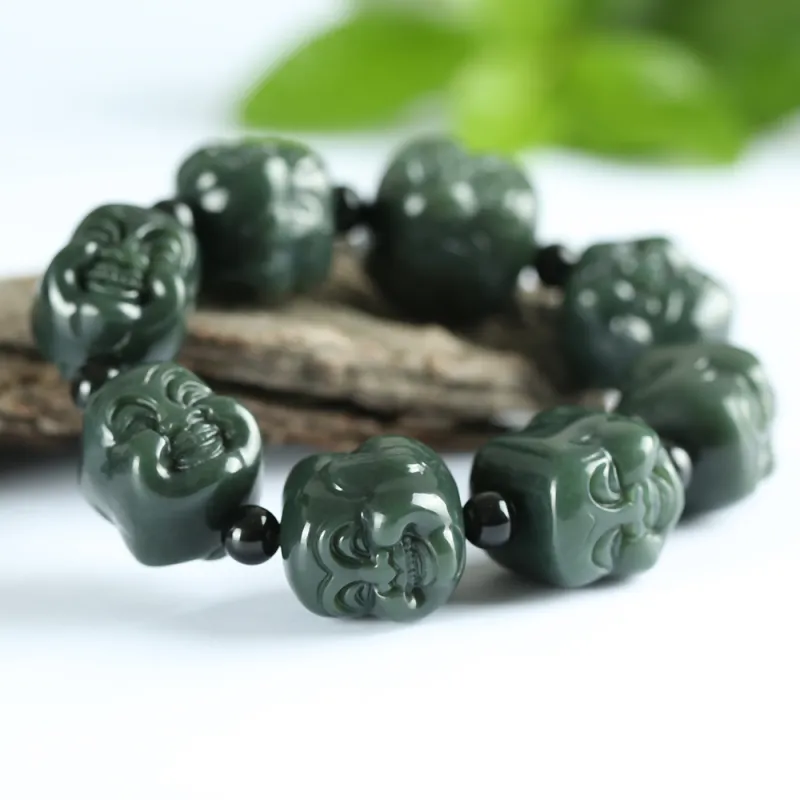 Renyu Jewelry New Chinese Style Maitreya Buddha # Good Luck Beaded Bracelet Green Jade Unisex-4