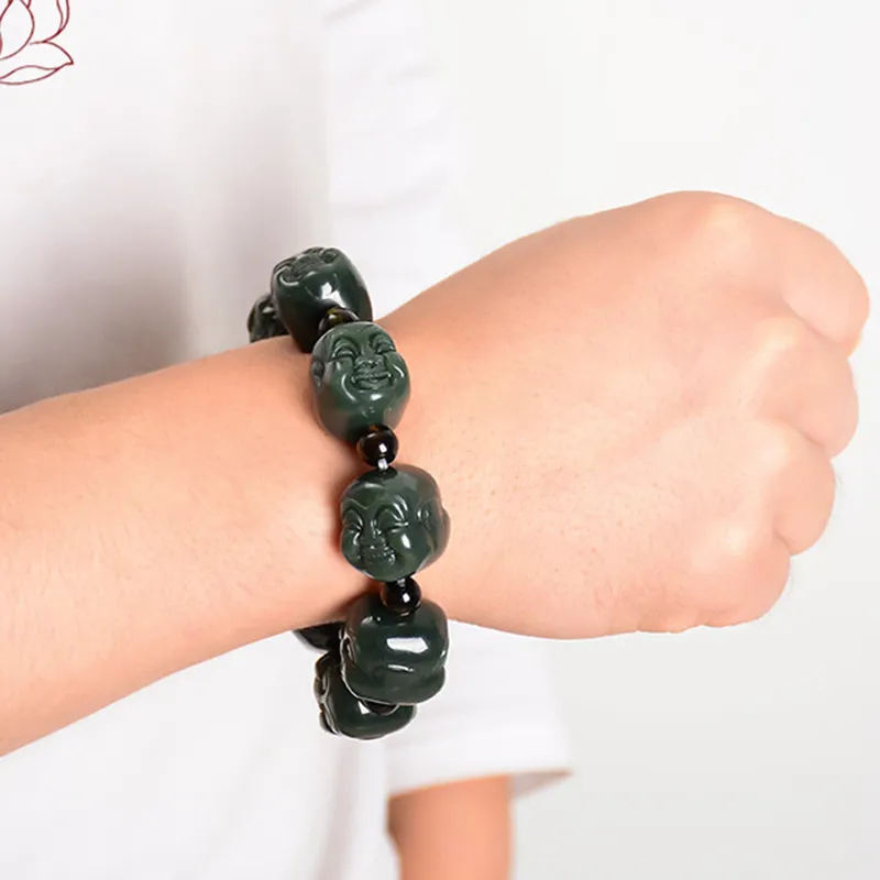 Renyu Jewelry New Chinese Style Maitreya Buddha # Good Luck Beaded Bracelet Green Jade Unisex-7