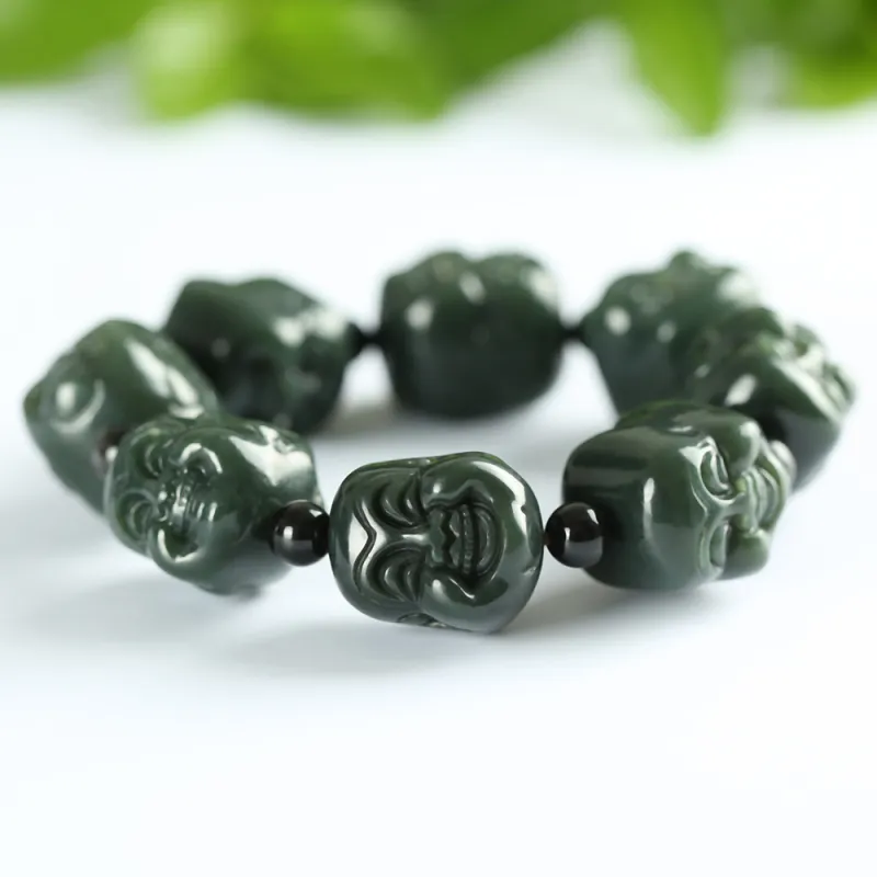 Renyu Jewelry New Chinese Style Maitreya Buddha # Good Luck Beaded Bracelet Green Jade Unisex-6
