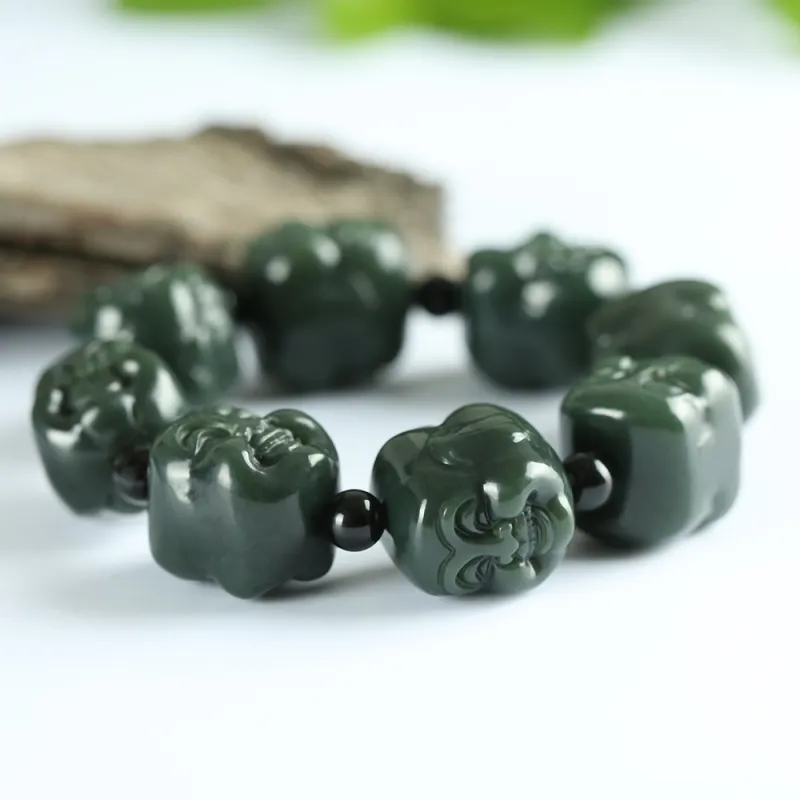 Renyu Jewelry New Chinese Style Maitreya Buddha # Good Luck Beaded Bracelet Green Jade Unisex-2