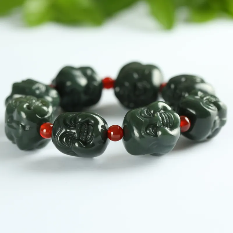 Renyu Jewelry New Chinese Style Maitreya Buddha # Good Luck Beaded Bracelet Green Jade Unisex-9