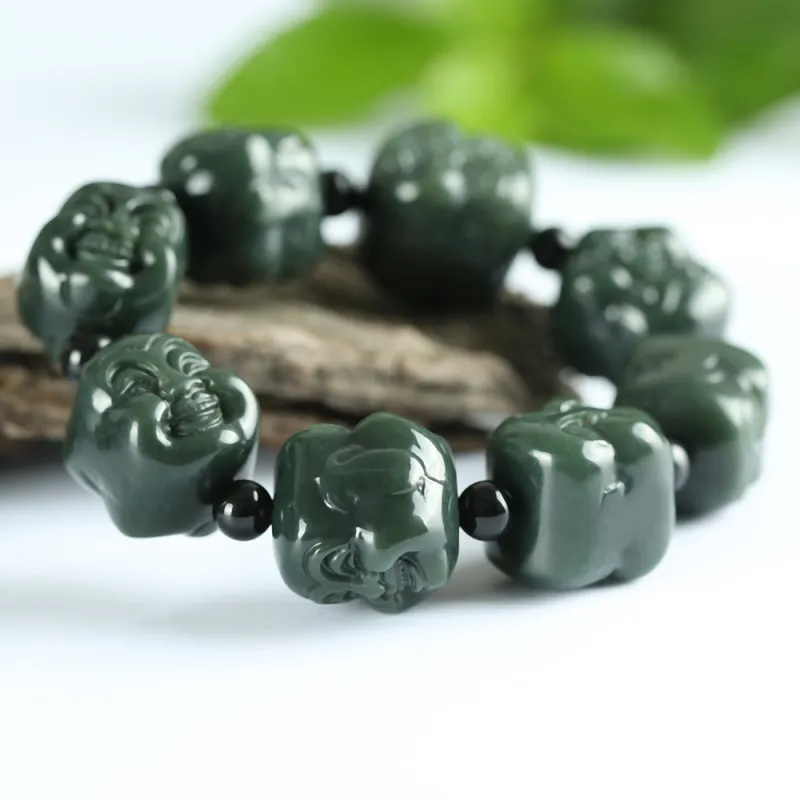 Renyu Jewelry New Chinese Style Maitreya Buddha # Good Luck Beaded Bracelet Green Jade Unisex-3