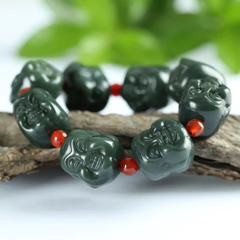Renyu Jewelry New Chinese Style Maitreya Buddha # Good Luck Beaded Bracelet Green Jade Unisex-11