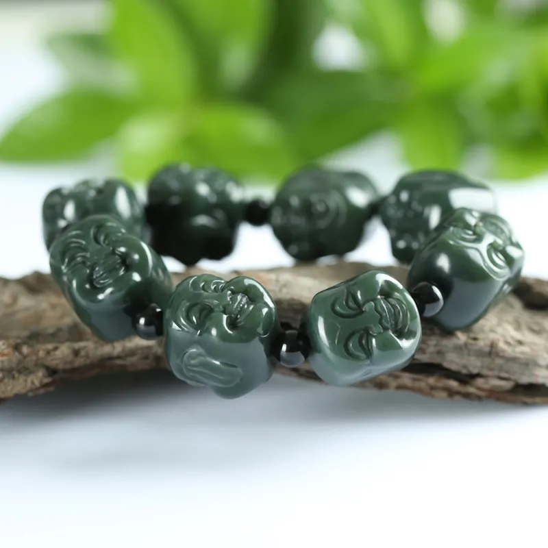 Renyu Jewelry New Chinese Style Maitreya Buddha # Good Luck Beaded Bracelet Green Jade Unisex-5