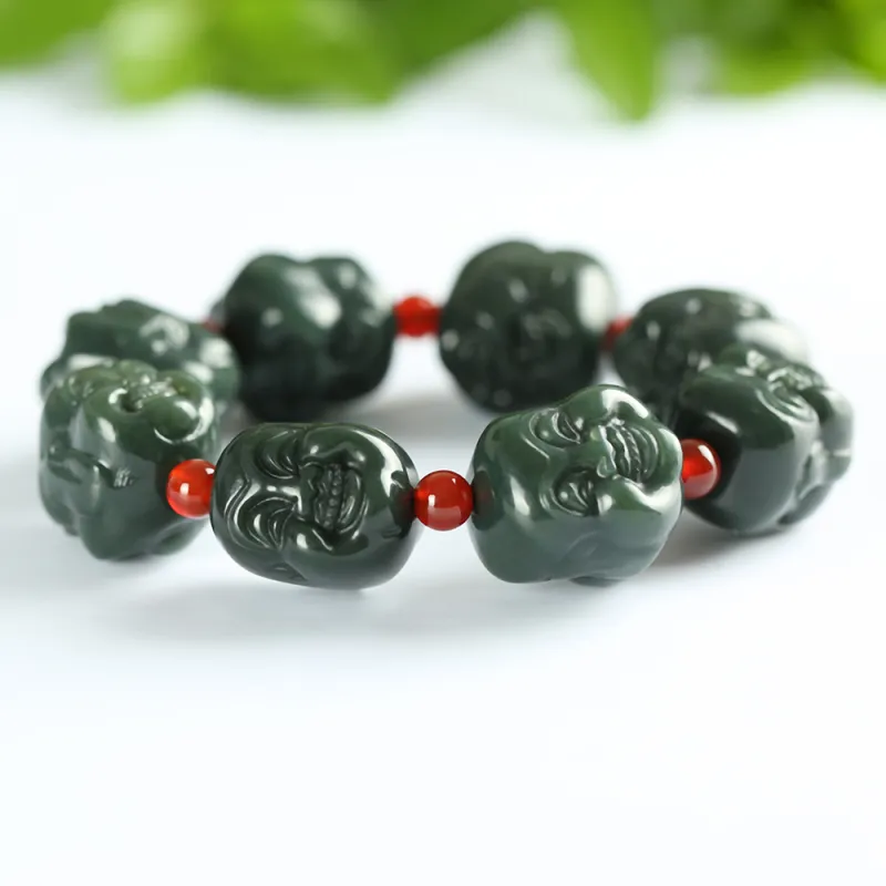 Renyu Jewelry New Chinese Style Maitreya Buddha # Good Luck Beaded Bracelet Green Jade Unisex-12