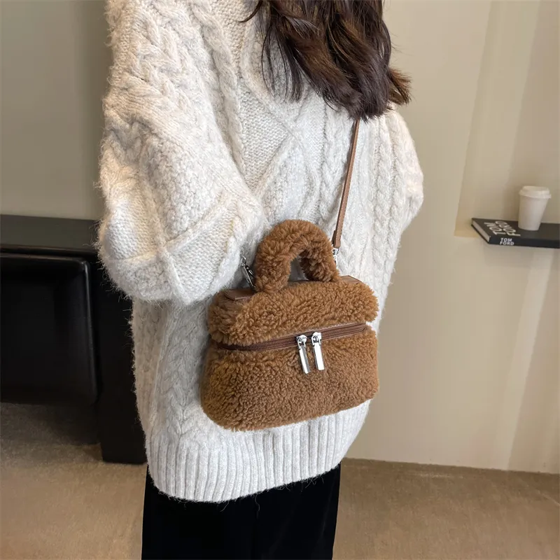 BALANG Plush Shoulder Bag, Crossbody Bag, Handbag Unisex Ecru/Light Pink/Light Khaki/Brown/Fuchsia-10
