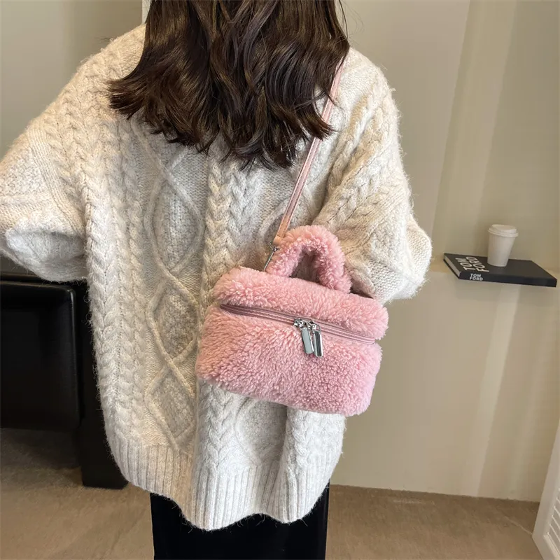 BALANG Plush Shoulder Bag, Crossbody Bag, Handbag Unisex Ecru/Light Pink/Light Khaki/Brown/Fuchsia-13