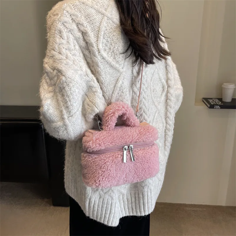 BALANG Plush Shoulder Bag, Crossbody Bag, Handbag Unisex Ecru/Light Pink/Light Khaki/Brown/Fuchsia-5