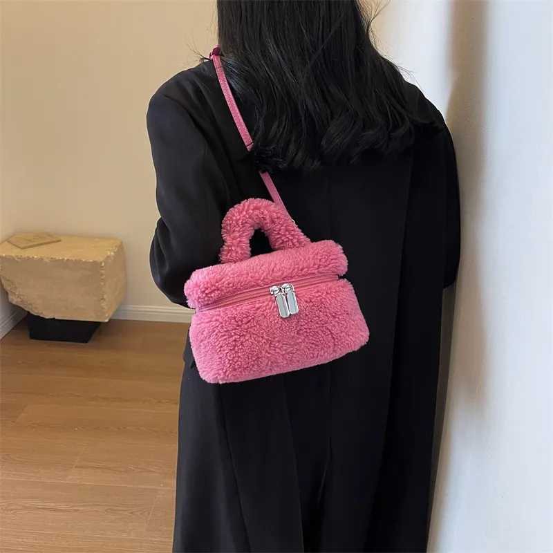 BALANG Plush Shoulder Bag, Crossbody Bag, Handbag Unisex Ecru/Light Pink/Light Khaki/Brown/Fuchsia-4