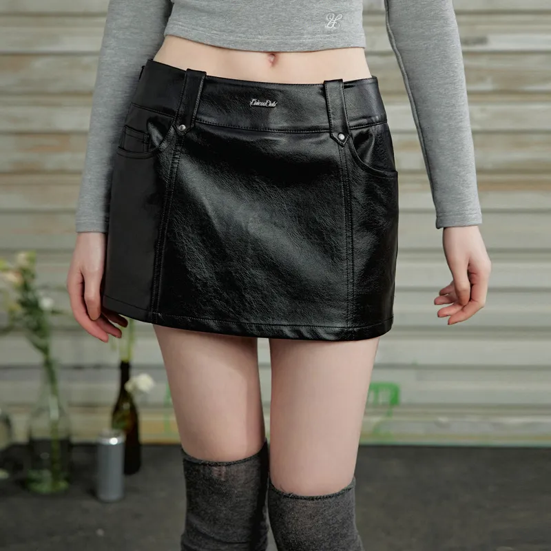 UNIFREE Leather Short Skirts A-Line Leather Skirt Skirt Women's Black-2