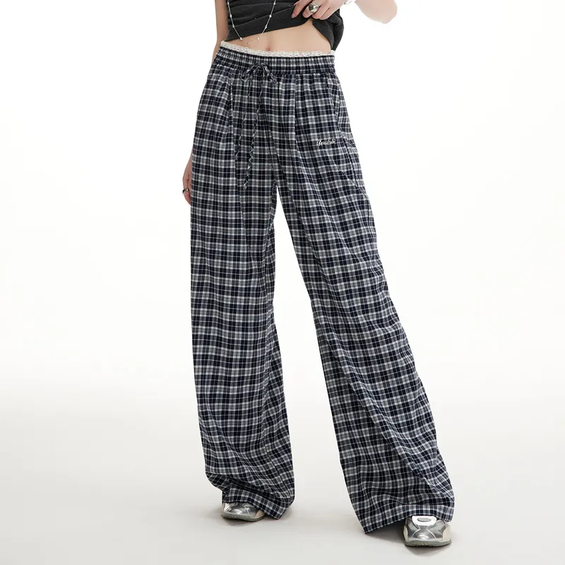 UNIFREE Casual Pants Women's Navy Blue Plaid-5