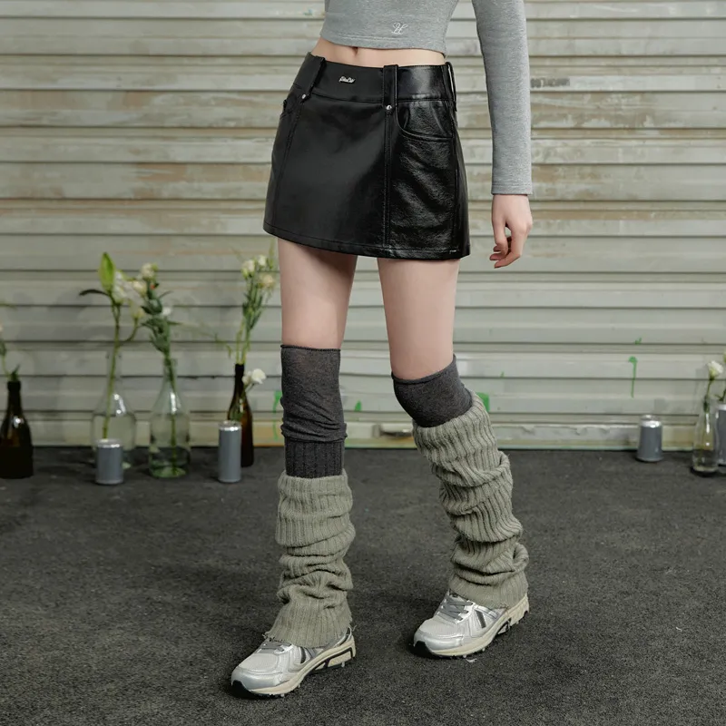 UNIFREE Leather Short Skirts A-Line Leather Skirt Skirt Women's Black-4