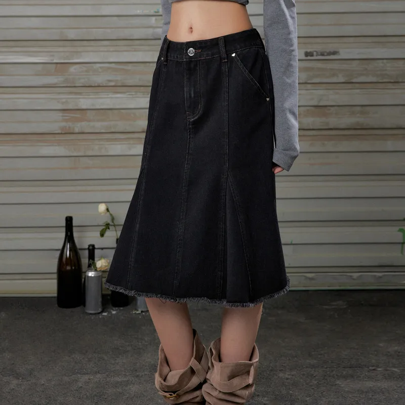 UNIFREE Denim Long Skirts Women's Black Gray Color-7