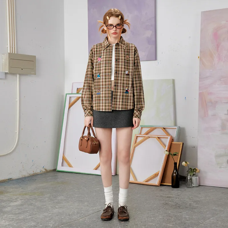 UNIFREE Shirt Women's Brown Green Plaid-3