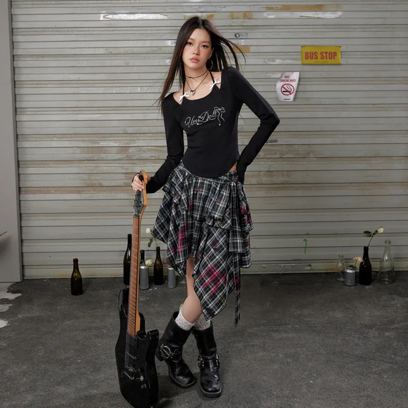 UNIFREE Casual Short Skirts Women's Black White Plaid-6