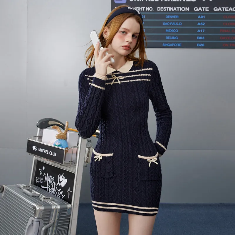 UNIFREE Long-Sleeved Dresses Women's Navy Blue-3