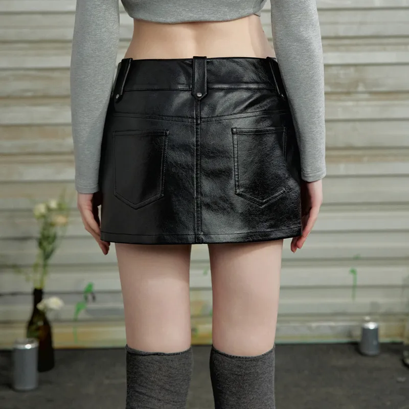UNIFREE Leather Short Skirts A-Line Leather Skirt Skirt Women's Black-5