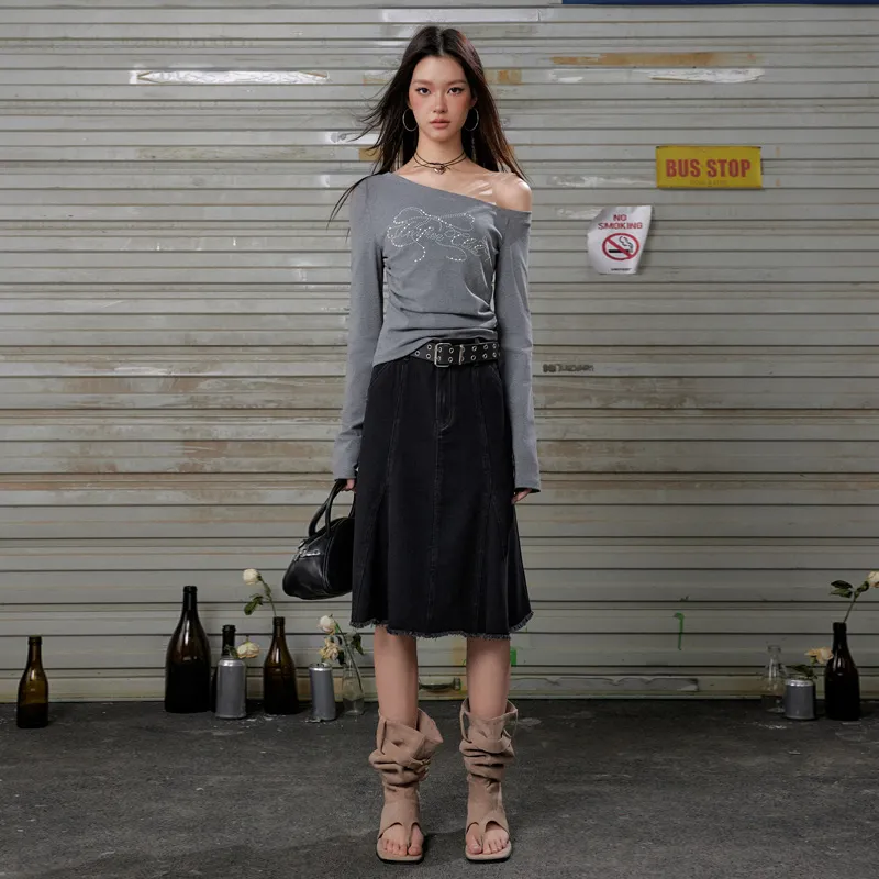 UNIFREE Denim Long Skirts Women's Black Gray Color-4