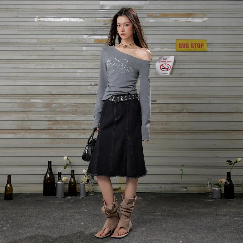 UNIFREE Denim Long Skirts Women's Black Gray Color-6