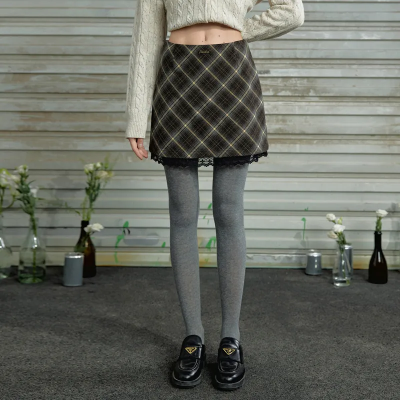UNIFREE Casual Short Skirts Women's Gray Brown Plaid-3