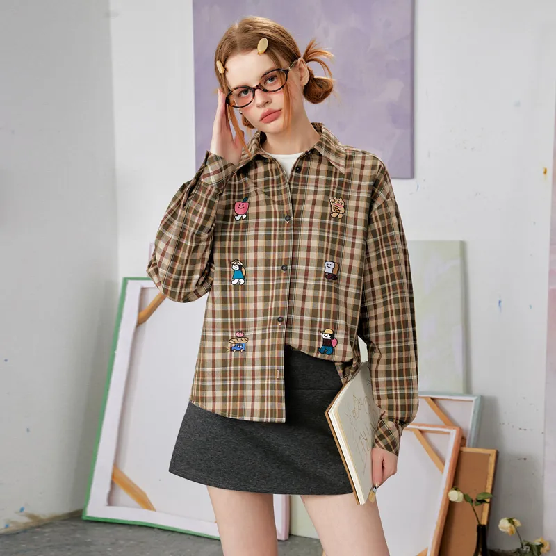 UNIFREE Shirt Women's Brown Green Plaid-2