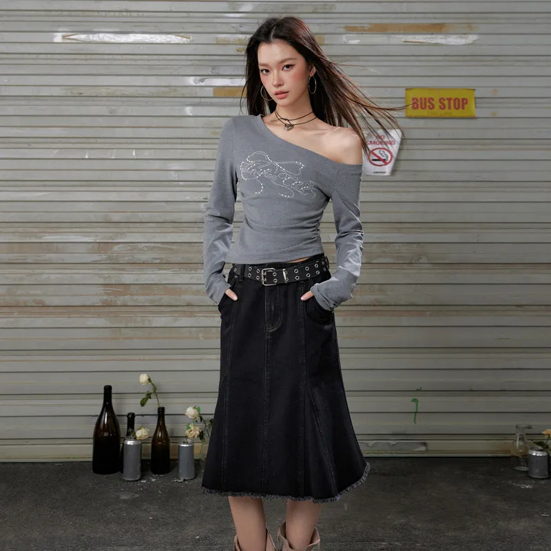 UNIFREE Denim Long Skirts Women's Black Gray Color-5
