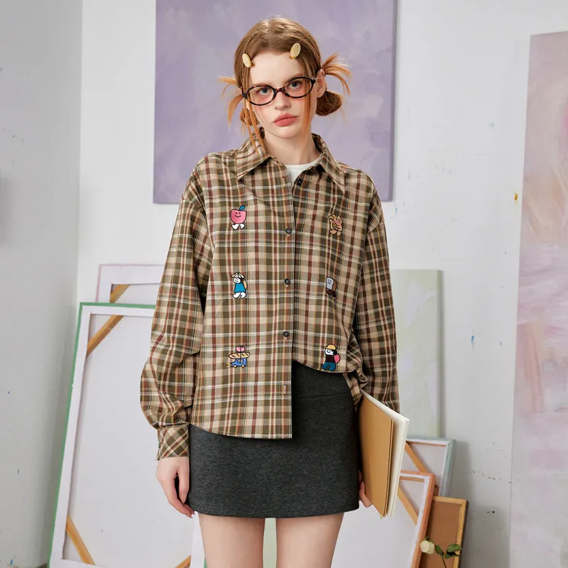 UNIFREE Shirt Women's Brown Green Plaid-7