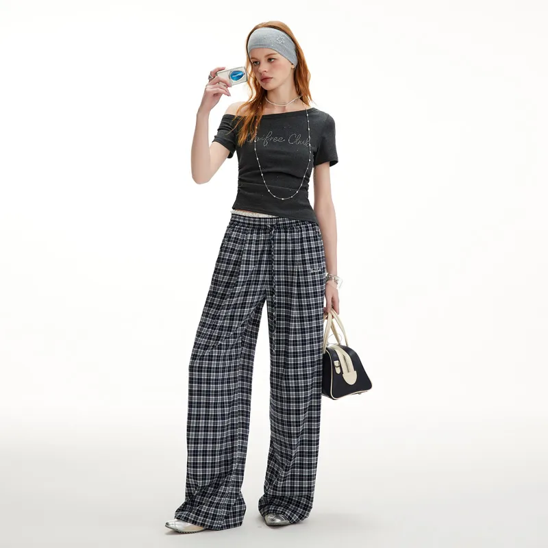 UNIFREE Casual Pants Women's Navy Blue Plaid-4