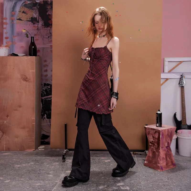 UNIFREE Slip Dress Women's Dark Red Plaid-1