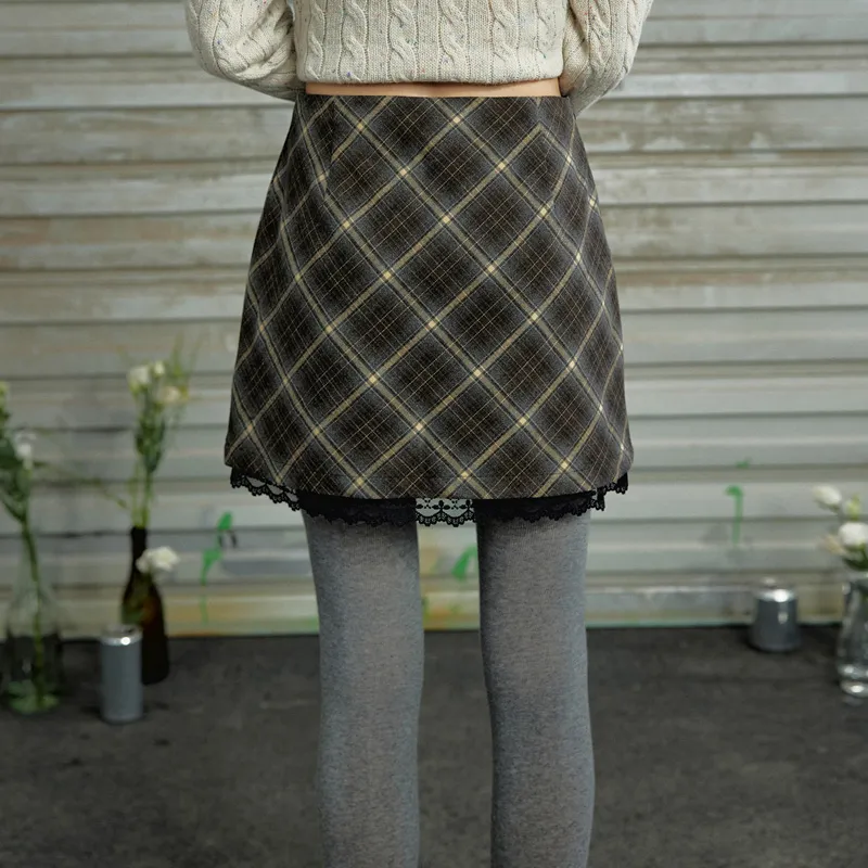 UNIFREE Casual Short Skirts Women's Gray Brown Plaid-5