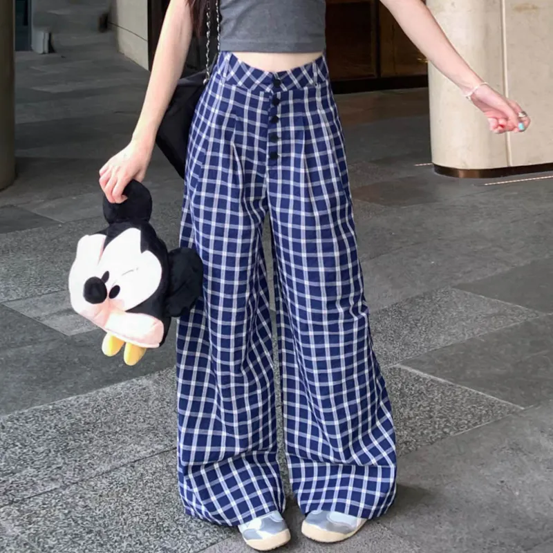 DEDY Casual Pants Women's Blue Plaid-4