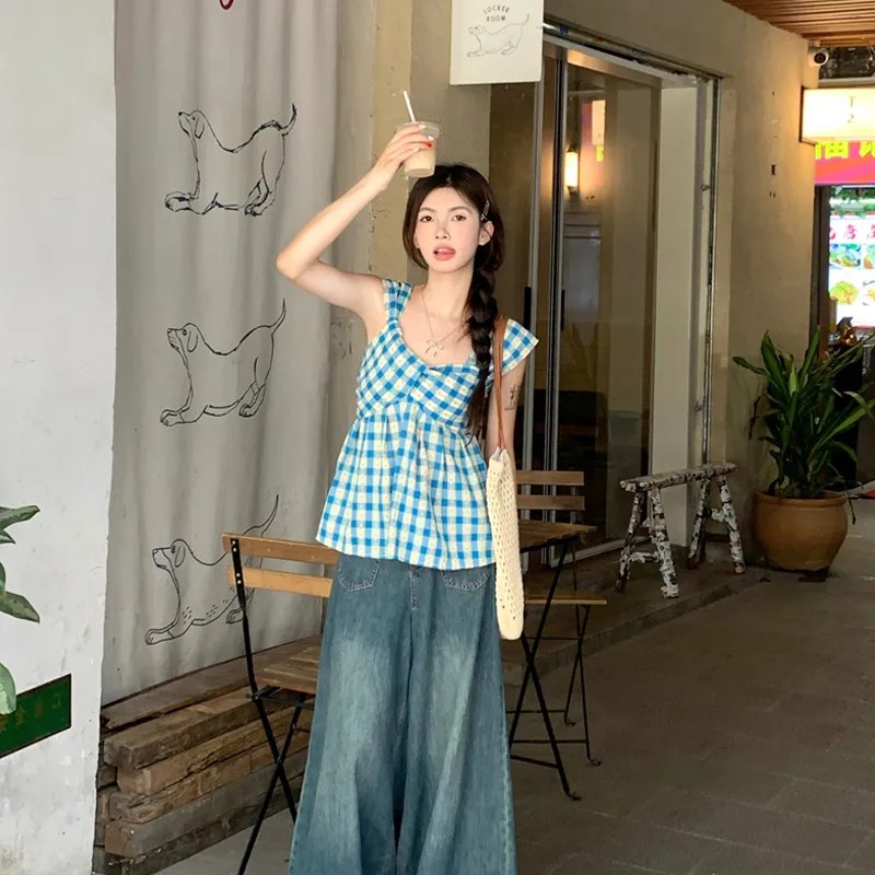 DEDY Tank Tops Women's Blue Shopping Bag Included-2