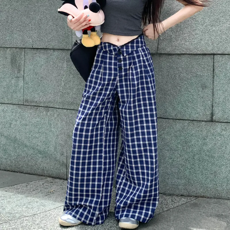 DEDY Casual Pants Women's Blue Plaid-1