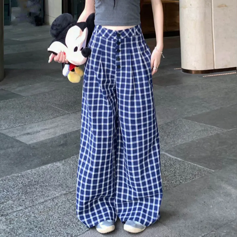 DEDY Casual Pants Women's Blue Plaid-3