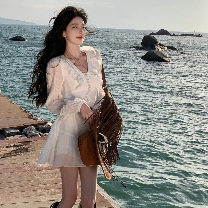 DEDY Long-Sleeved Dresses Women's White-2