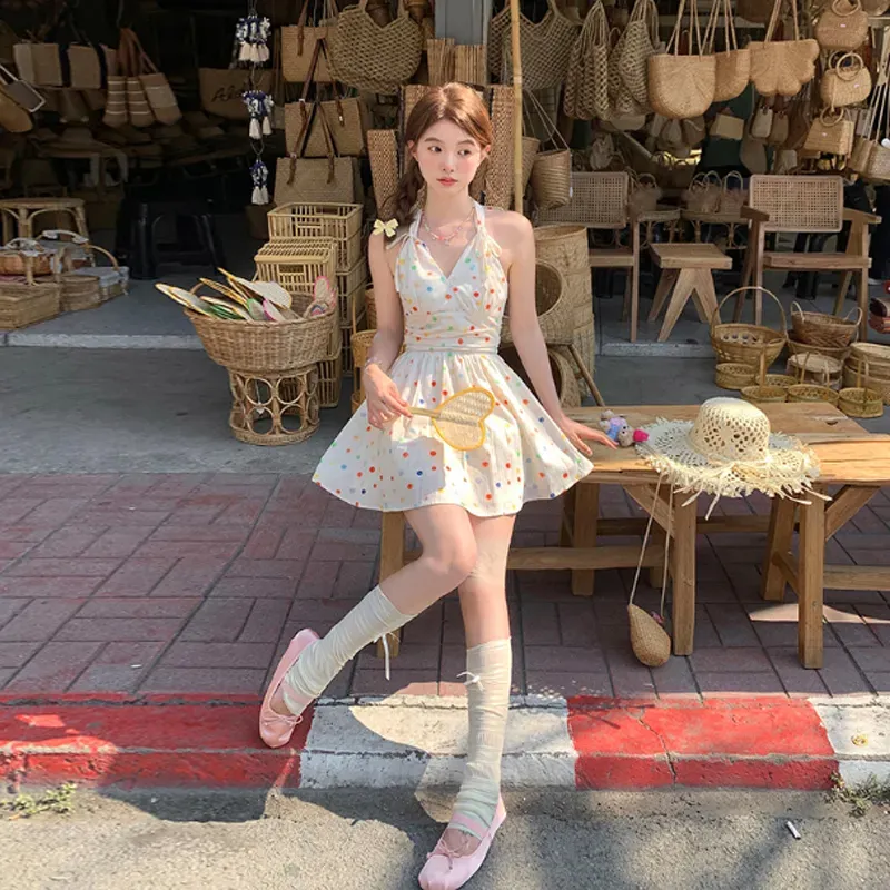 DEDY Sleeveless Dresses Women's Rainbow Polka Dot Dress Shopping Bag-2