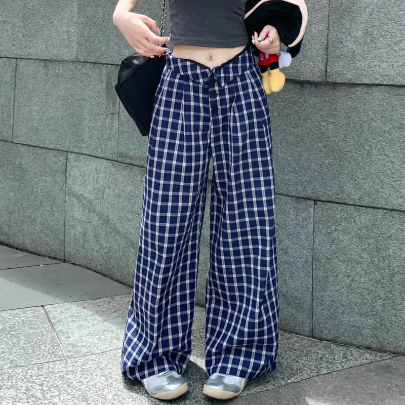 DEDY Casual Pants Women's Blue Plaid-2