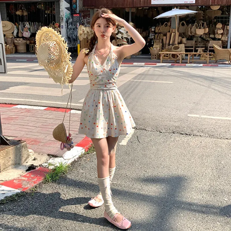 DEDY Sleeveless Dresses Women's Rainbow Polka Dot Dress Shopping Bag-5