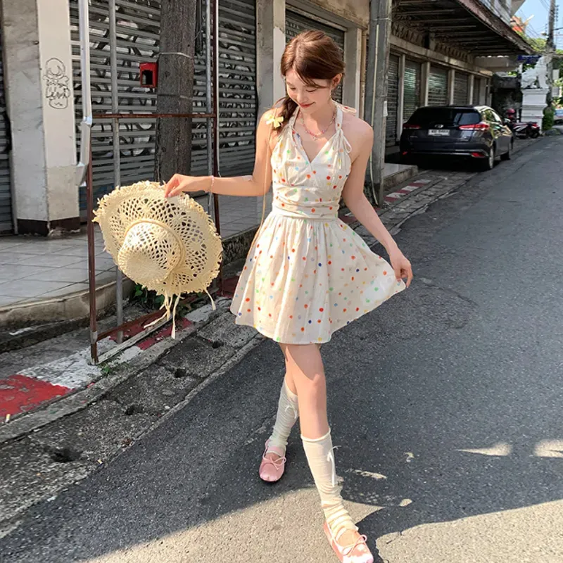 DEDY Sleeveless Dresses Women's Rainbow Polka Dot Dress Shopping Bag-3