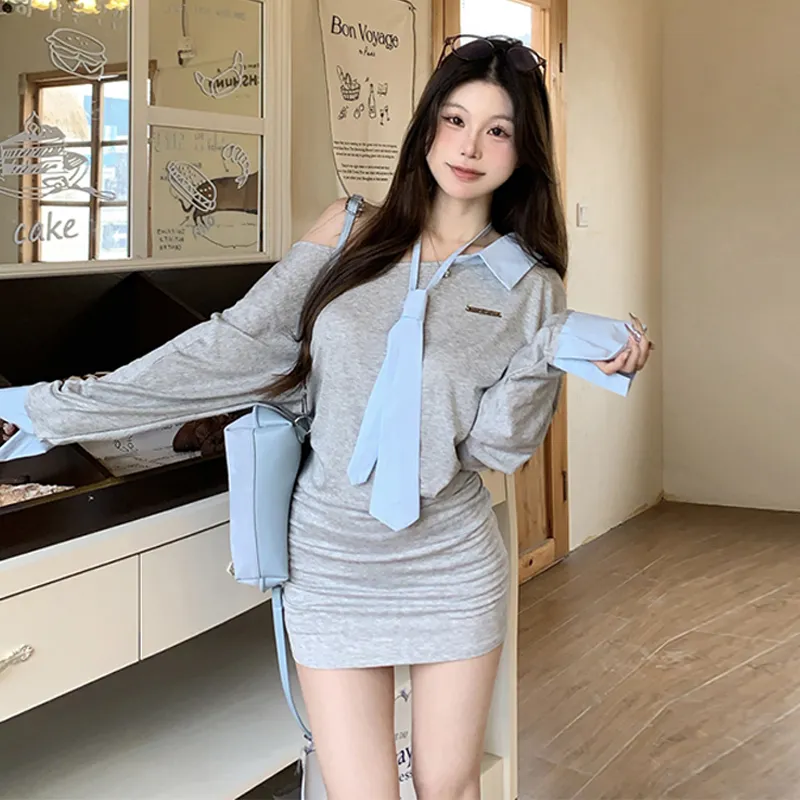 DEDY Long Sleeved Dresses Women's Light Gray-2