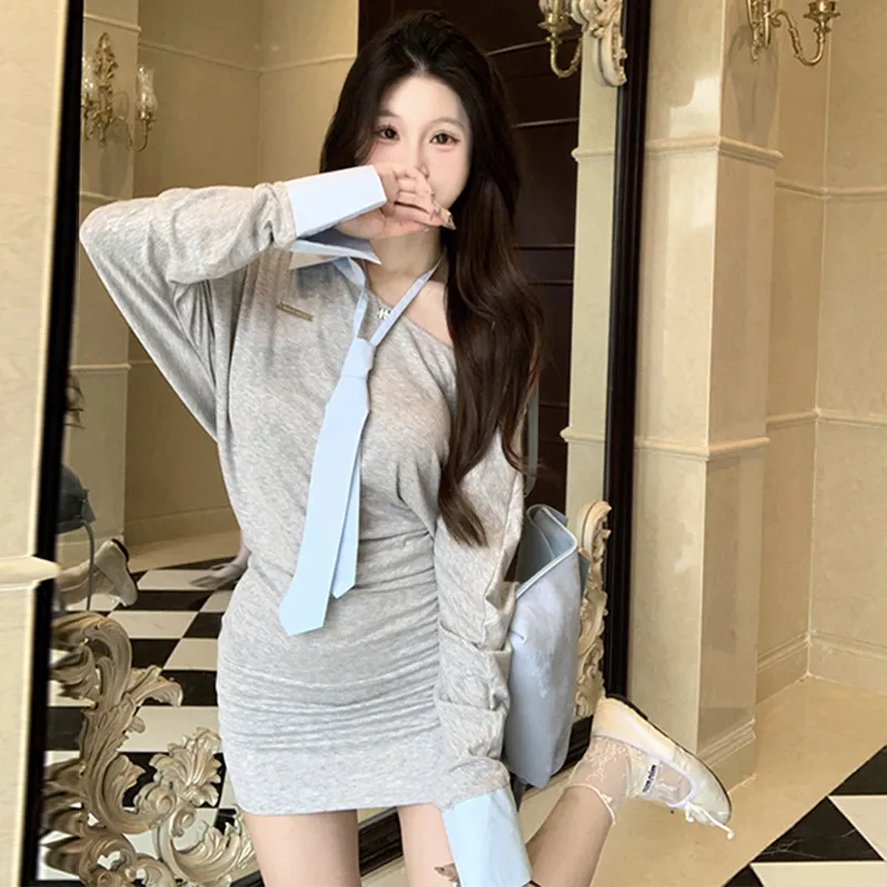 DEDY Long Sleeved Dresses Women's Light Gray-3