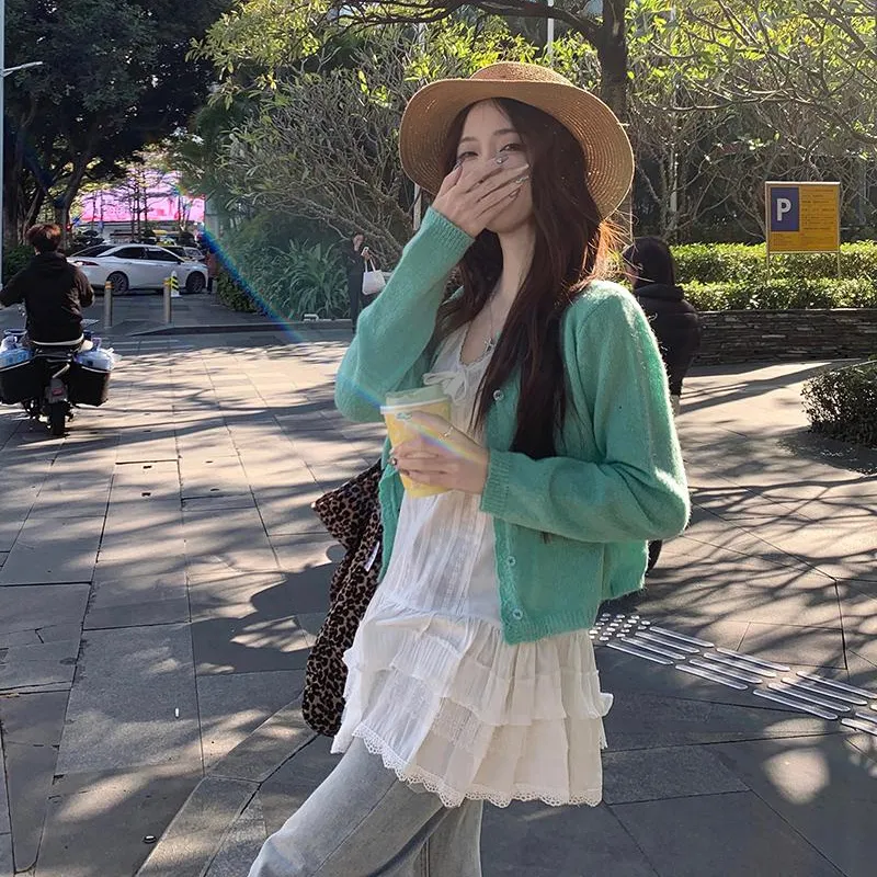 DEDY Casual Suit Women's Green Cardigan+White Top-4